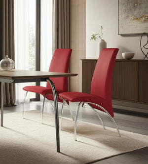HomeRoots Set of Two Modern Red and Silver Upholstered Faux Leather Dining Chairs for Stylish Living Spaces 553880