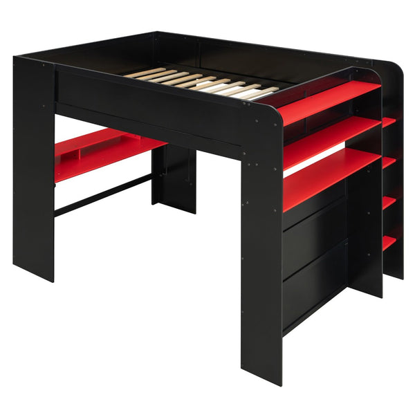 English Elm Full Size Gaming Bunk Bed with Rgb Lighting Integrated Desk Wardrobe and Storage Red LT100266AAR