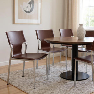 Set of Four Open Back Leather Dining Chairs with Metal Frames for Modern