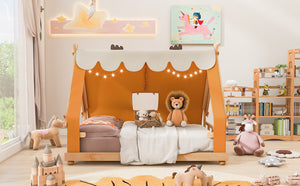 English Elm Twin Cabin Bed with Detachable Tent Skylight and Woodland Deer Antler Accents Brown N708P356717D