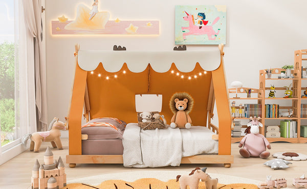 English Elm Twin Cabin Bed with Detachable Tent Skylight and Woodland Deer Antler Accents Brown N708P356717D