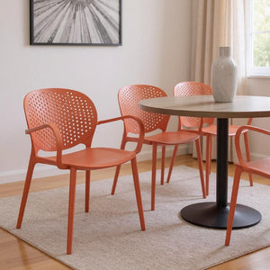 Set of Four Stackable Plastic Arm Dining Chairs with Ventilated Open Back for Indoor Outdoor Use