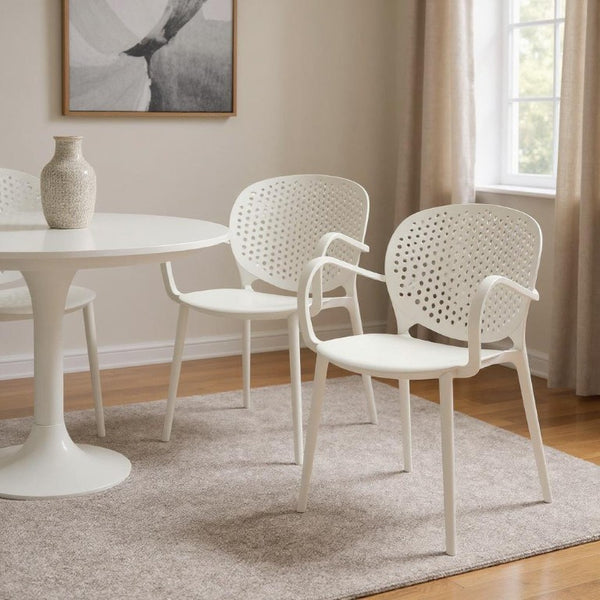 Set of Four Stackable Plastic Arm Dining Chairs with Ventilated Open Back for Indoor Outdoor Use