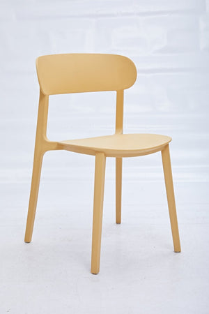 Set of Four Stackable Plastic Dining Chairs with Open Back Design for Modern Spaces