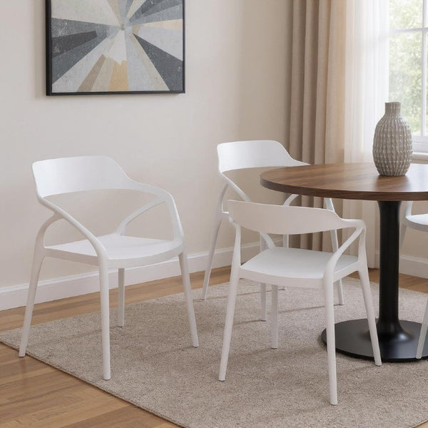 Set of Four Stackable Heavy Duty Plastic Arm Dining Chairs for Indoor and Outdoor Use
