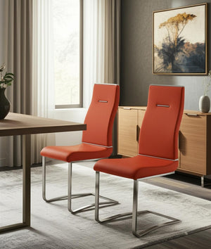 HomeRoots Set of Two Stylish Orange Faux Leather Dining Chairs with Sleek Silver Legs for Modern Spaces 553960