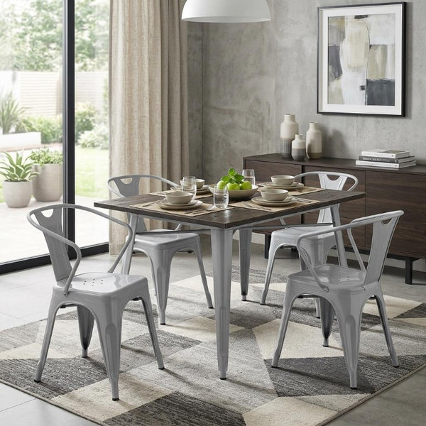 Set of Four Contemporary Metal Arm Dining Chairs with Open Back Design