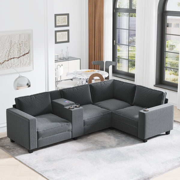 English Elm L-Shaped 4-Seater Corduroy Sofa With Storage Armrests, Usb Charging & Configurable Design, Grey W680S00050