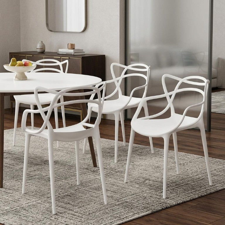 HomeRoots Set of Four Stackable Heavy Duty Plastic Arm Dining Chairs for Indoor and Outdoor Use 22" W x 33" H x 21" D 553983