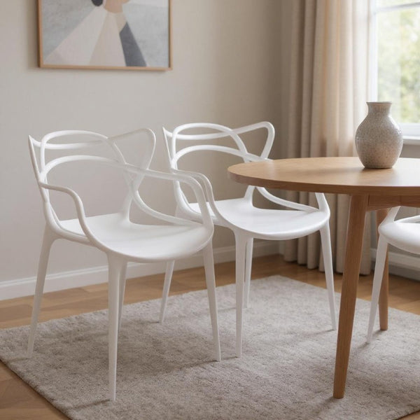 Set of Four Stackable Heavy Duty Plastic Arm Dining Chairs for Indoor and Outdoor Use