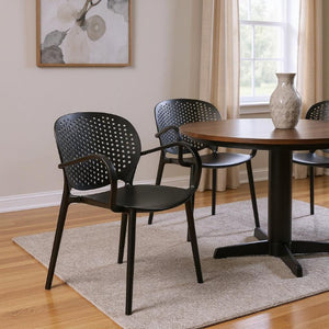 Set of Four Stackable Arm Chairs in Durable Plastic for Modern Dining Spaces