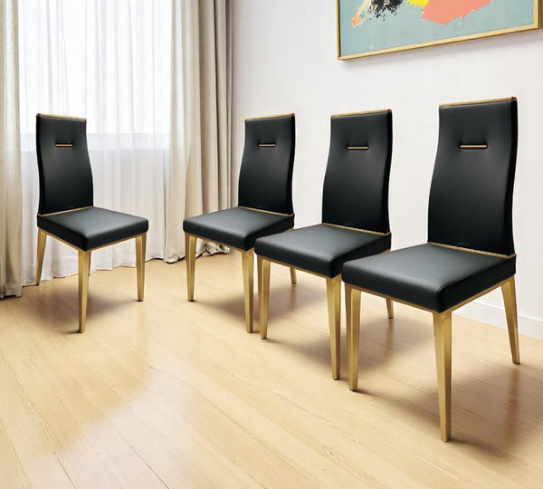 HomeRoots Set of Four Modern Black and Gold Faux Leather Dining Chairs for Stylish Home Decor & Comfort 553992