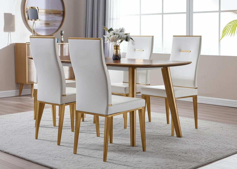 HomeRoots Set of Four White and Gold Upholstered Faux Leather Dining Chairs - Chic Comfort for Any Space 553994
