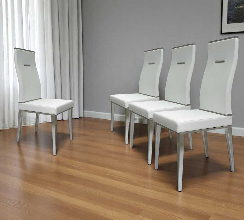 HomeRoots Set of Four Modern White & Silver Faux Leather Dining Chairs - Stylish Comfort for Any Space 553995