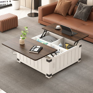 English Elm Farmhouse Lift Top Coffee Table with USB Charging Station, Large Hidden Storage, White MDF Elegance W509P224963