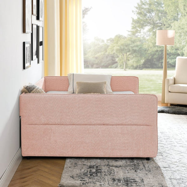 English Elm Queen Boucle Tufted Daybed Sofa with Storage Drawers Eucalyptus Frame Guest Room Pink W1413S00178