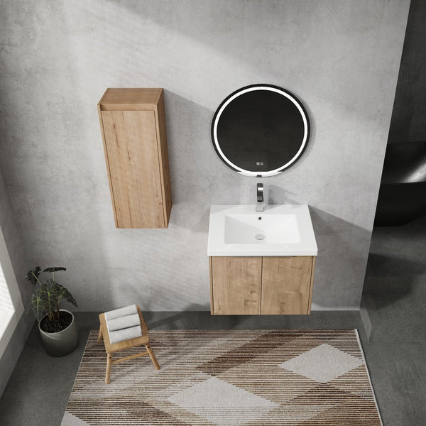 English Elm 24" Wall-Mounted Bathroom Vanity Set With Resin Sink & Side Cabinet – Soft-Close Doors, Modern Design W999S00217