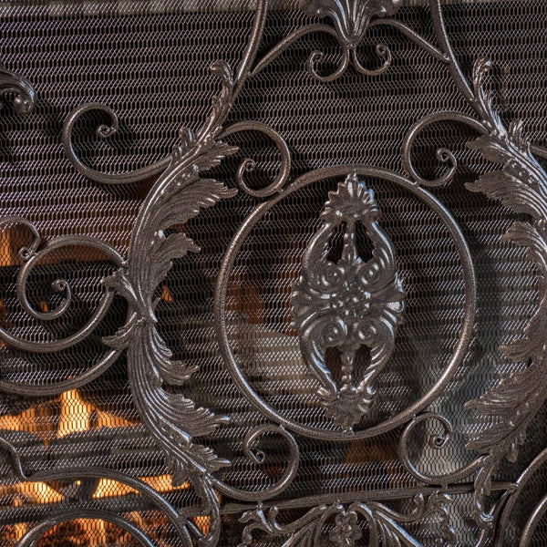 English Elm Waterbury Wrought Iron Fireplace Screen with Ornate Scrollwork and Camelback Silhouette 55341.00GLD