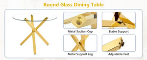 English Elm Table and Chair Set Round Tempered Glass Top Gold X Base with Six Pu Leather Seats Transparent,White+Gold W1151S04817