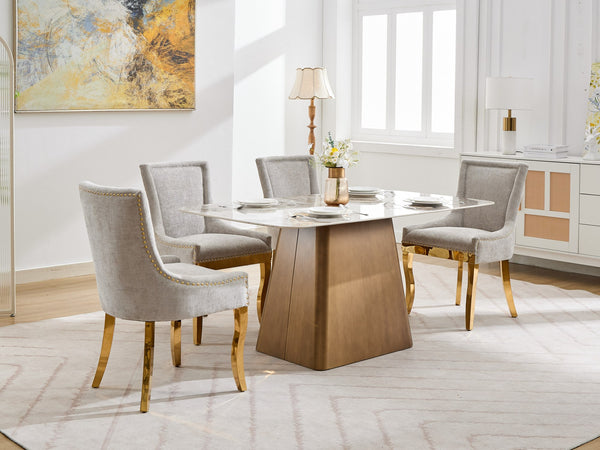 English Elm Chenille Plush Dining Chair with Curved Gold-Plated Legs, Rivet Trim, Textured Upholstery Comfort Beige W1143P332684