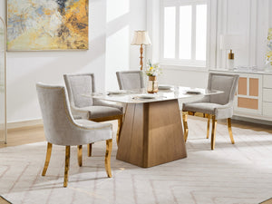 English Elm Chenille Modern Dining Chair with Curved Gold-Plated Legs, Rivet Trim, Textured Upholstery Comfort Beige W1143P332684