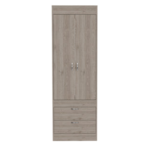 English Elm Armoire, Light Gray Double-Door Cabinet with Hanging Rod, Two Drawers, Compact FSC-Certified Storage B097P199731