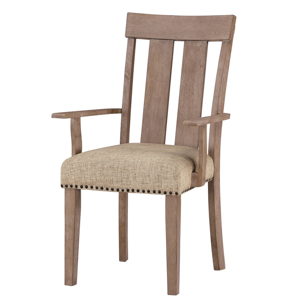 English Elm Beige Padded Arm Chairs Set Of 2 - Elegant Upholstered Seating With Nailhead Trim & Maple Legs B062P209271