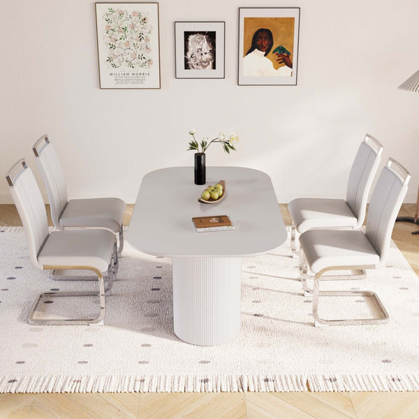 English Elm 63 Inch Cream Mdf Dining Table Set with Pu Chairs Silver Metal Legs Modern 5 Piece W2189S00889