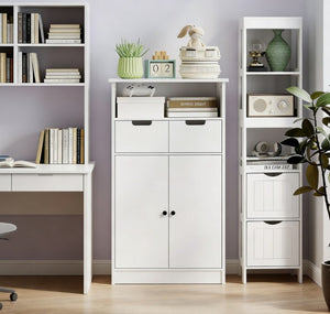 English Elm Bathroom Slim Floor Cabinet Tall White Beadboard Storage for Narrow Spaces T3971P430695