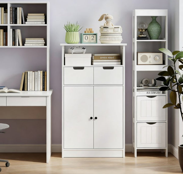 English Elm Bathroom Slim Floor Cabinet Tall White Beadboard Storage for Narrow Spaces T3971P430695