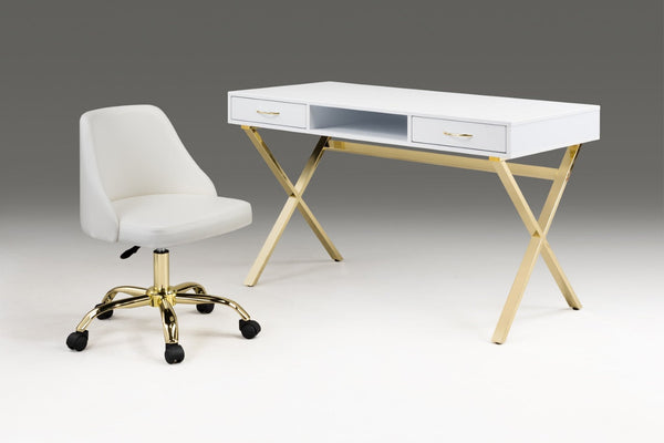 HomeRoots White Adjustable Height Swivel Rolling Office Chair - Stylish Gold Accents for Ultimate Comfort & Mobility 554024