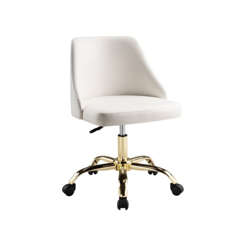 HomeRoots White Adjustable Height Swivel Rolling Office Chair - Stylish Gold Accents for Ultimate Comfort & Mobility 554024
