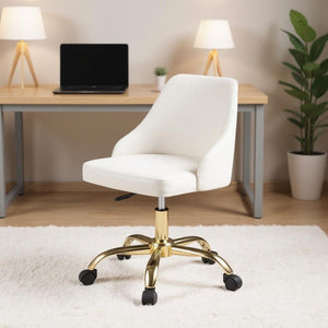 HomeRoots White Adjustable Height Swivel Rolling Office Chair - Stylish Gold Accents for Ultimate Comfort & Mobility 554024