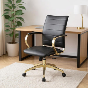 HomeRoots Black Adjustable Height Swivel Rolling Office Chair - Stylish Gold Accents for Ultimate Comfort & Mobility 554026