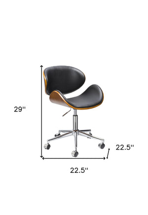 HomeRoots Brown Adjustable Height Swivel Office Chair - Modern Walnut Faux Wood & Black Vinyl Comfort Design 554032