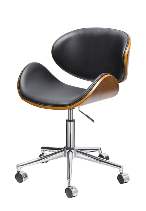 HomeRoots Brown Adjustable Height Swivel Office Chair - Modern Walnut Faux Wood & Black Vinyl Comfort Design 554032