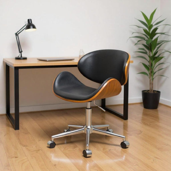 HomeRoots Brown Adjustable Height Swivel Office Chair - Modern Walnut Faux Wood & Black Vinyl Comfort Design 554032