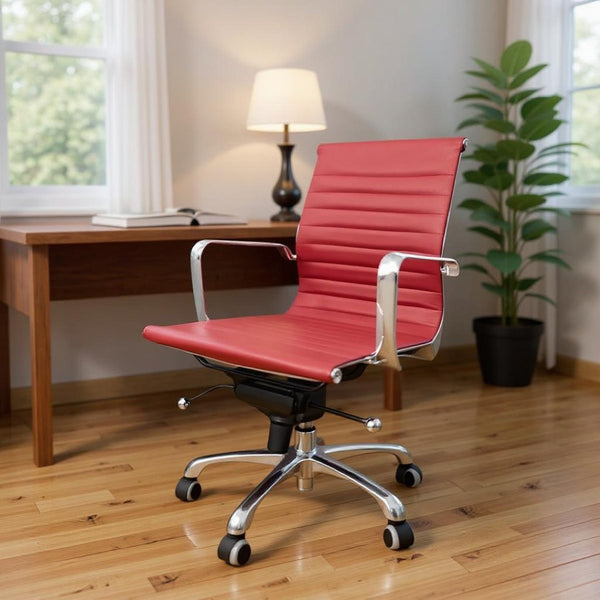HomeRoots Red Faux Leather Office Chair - Adjustable Height Swivel Rolling Design with Bold Silver Accents 554039