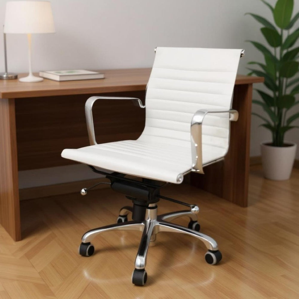 HomeRoots White Faux Leather Adjustable Height Swivel Office Chair with Silver Accents for Modern Workspaces 554040