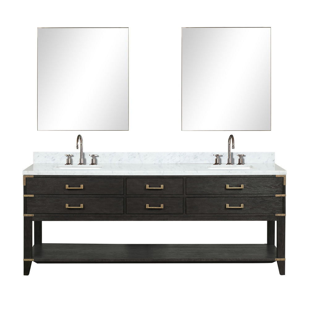 English Elm Black Oak Double Bath Vanity 84" With Carrara Marble Top & 36" Mirrors - Elegant Storage Solution! B2731S02169
