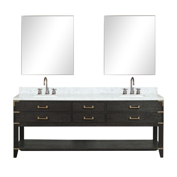 English Elm Black Oak Double Bath Vanity 84" With Carrara Marble Top & 36" Mirrors - Elegant Storage Solution! B2731S02169