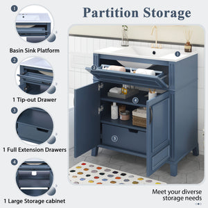 English Elm 30'' Retro Bathroom Vanity with Ceramic Sink, Solid Wood Frame, Soft-Close Doors & Ample Storage (Blue) N710P252113C