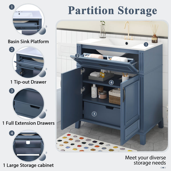 English Elm 30'' Retro Bathroom Vanity with Ceramic Sink, Solid Wood Frame, Soft-Close Doors & Ample Storage (Blue) N710P252113C