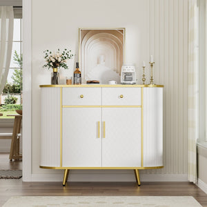 English Elm Luxury Fluted Curved Sideboard with Golden Legs Sculptural White Storage for Entryway T3773P417294