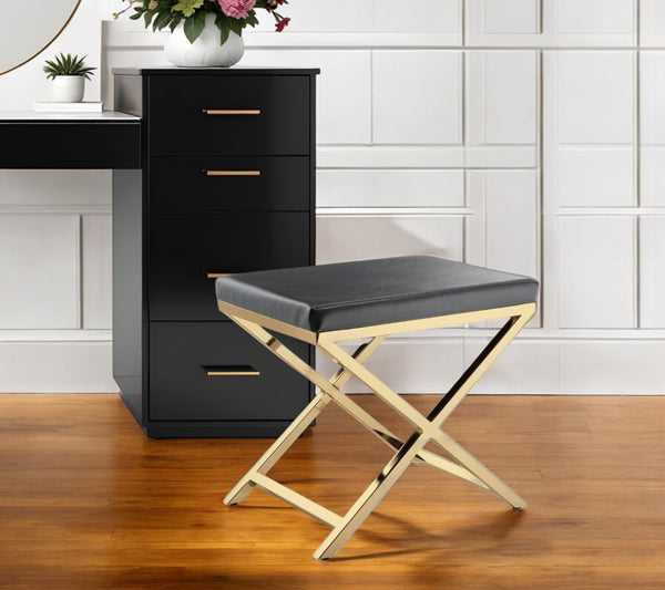 HomeRoots 21" Charcoal Faux Leather Vanity Chair with Gold Legs - Chic, Compact Design for Modern Spaces 554174