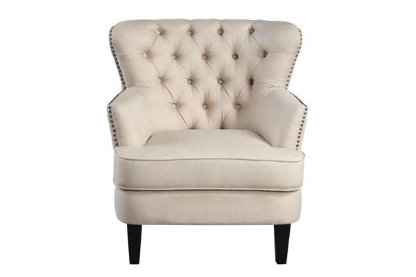 HomeRoots 35" Beige and Black Tufted Wingback Chair - Elegant Design, Removable Cushions, Stylish Nailhead Trim 554181