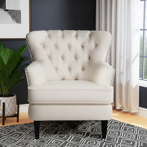 HomeRoots 35" Beige and Black Tufted Wingback Chair - Elegant Design, Removable Cushions, Stylish Nailhead Trim 554181