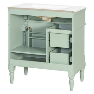 English Elm 30" Freestanding Bathroom Vanity Rubberwood Frame Ceramic Sink Flip Drawer Storage Green N725P356062F