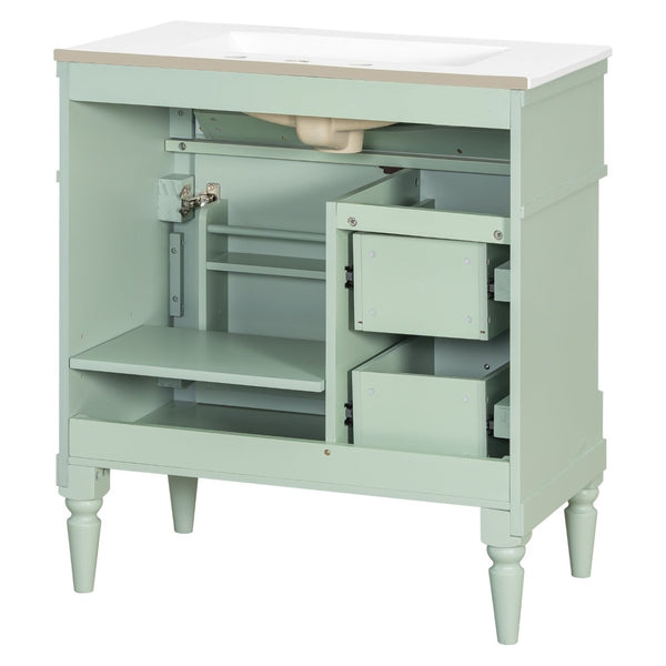 English Elm 30" Freestanding Bathroom Vanity Rubberwood Frame Ceramic Sink Flip Drawer Storage Green N725P356062F