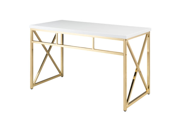 HomeRoots 47" Elegant White and Gold Computer Desk - Modern Design, Durable Materials for Stylish Workspaces 554206
